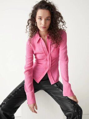& Other Stories Pink Textured Frill Shirt - Ruffled Button-Front Blouse